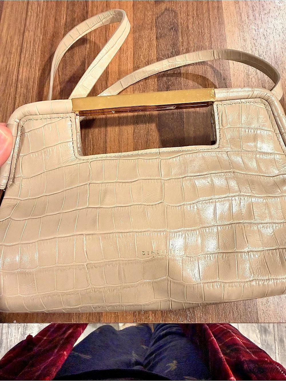 Demellier Croc-Embossed Shoulder Bag in Beige
